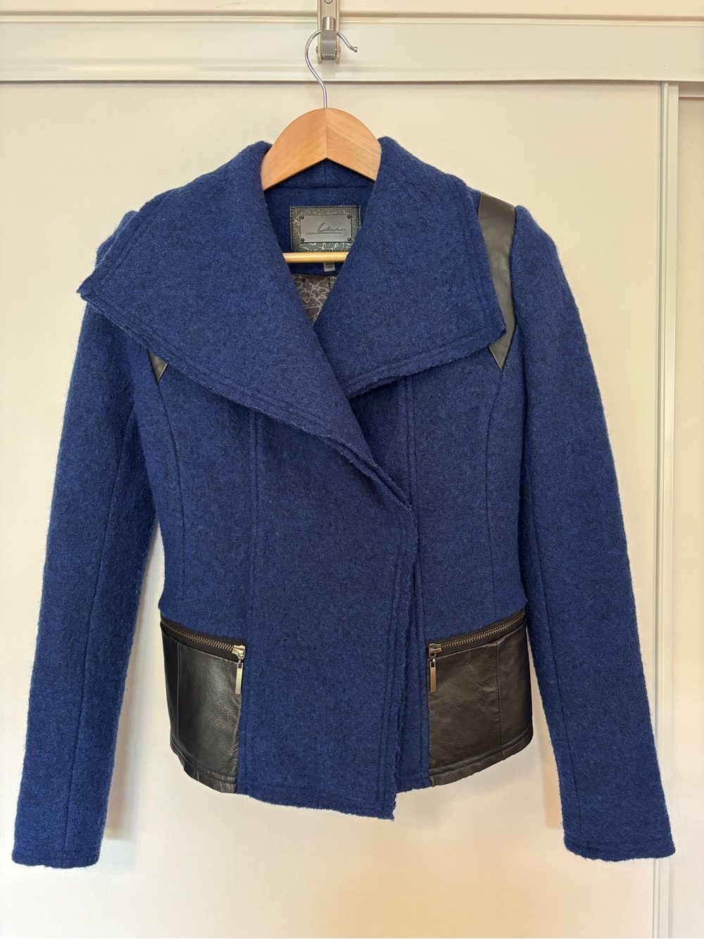 Womens Moto Jacket Size XS Wool Leather Cobalt Blue Black Asymetrical Rockabilly